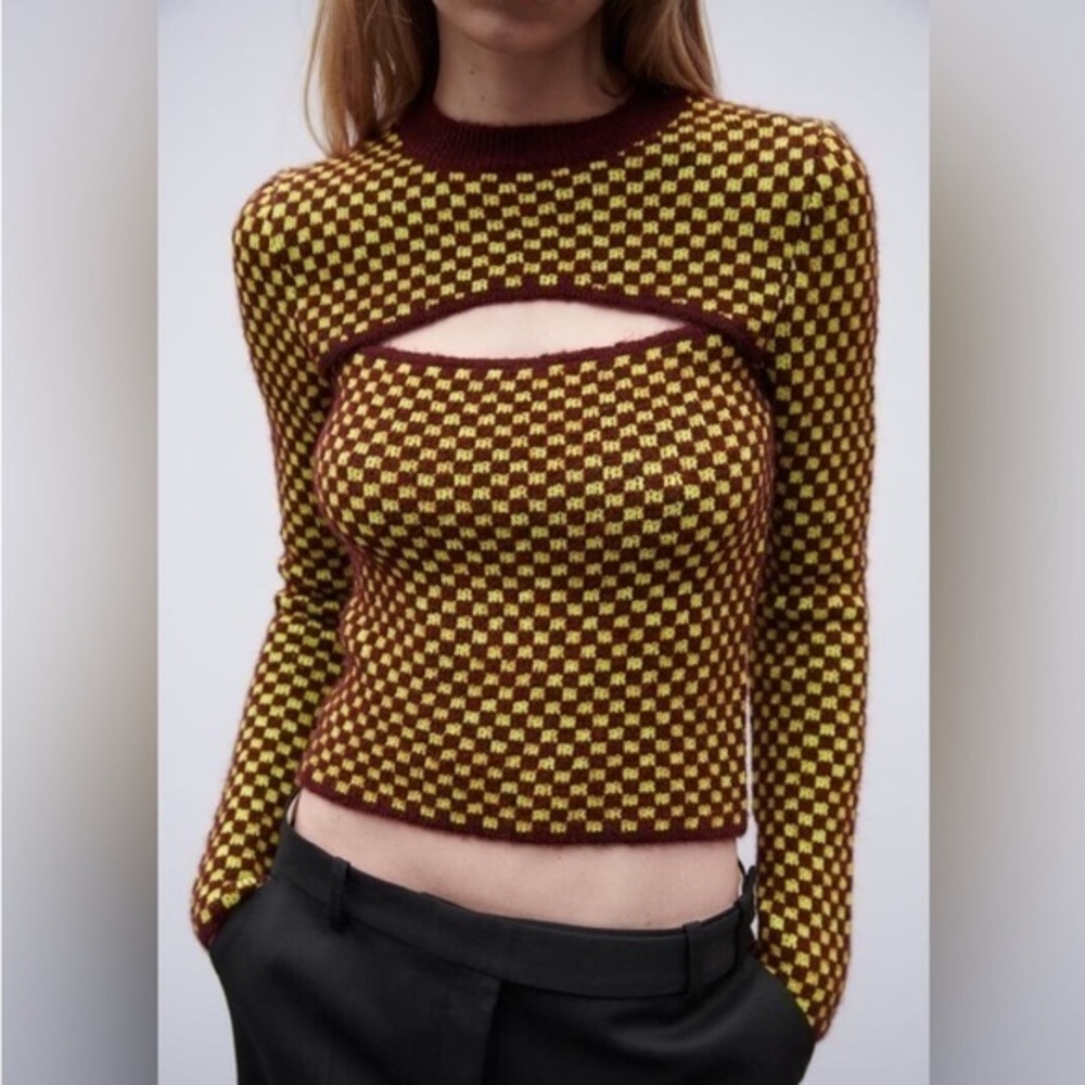 Zara checkerboard sweater with cutout, tag says small. definitely xxs NWOT